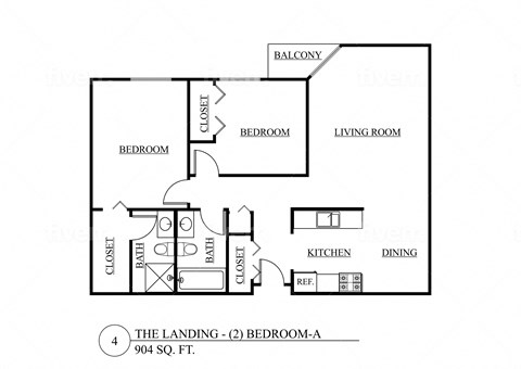 Floor plan for 2 beds, 2 baths, 904 sqft